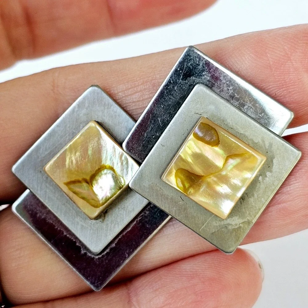 Vintage Silver And Mother Of Pearl Mens Cuff Links Set - M519.1‎